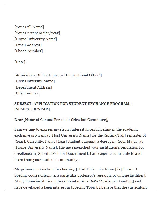 University Academic Exchange Student Cover Letter Template