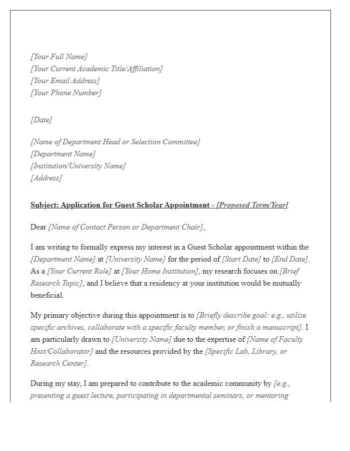 Guest Scholar Appointment Cover Letter Template