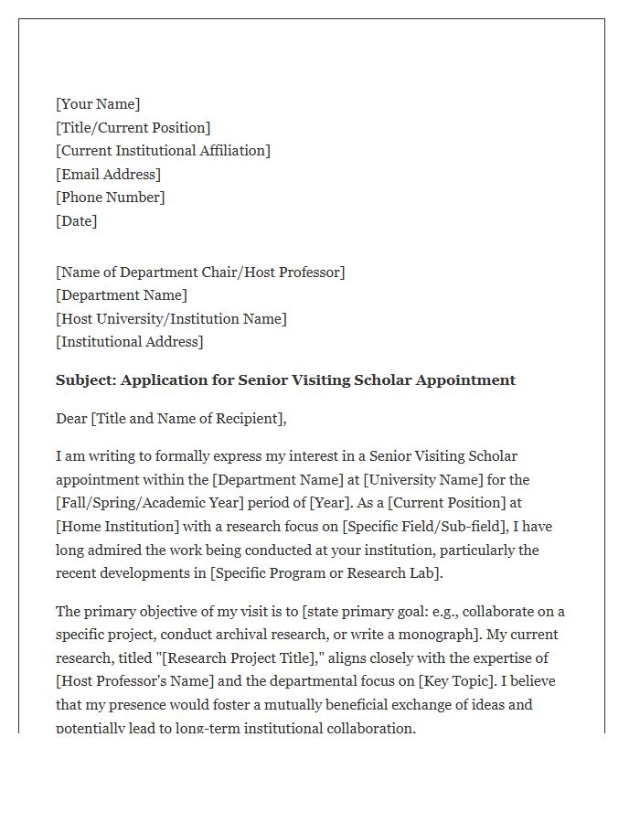 Senior Visiting Scholar Appointment Cover Letter Template