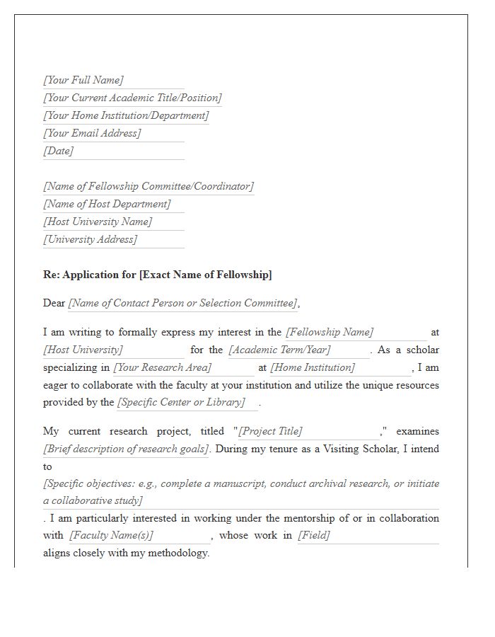 Visiting Scholar Fellowship Application Cover Letter Template