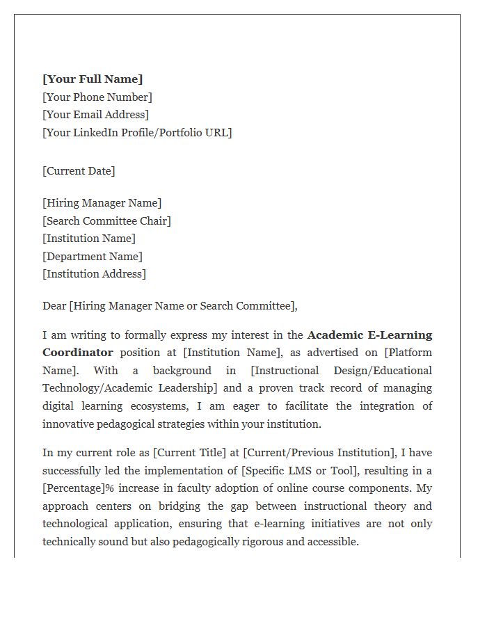 Academic E-Learning Coordinator Cover Letter Template