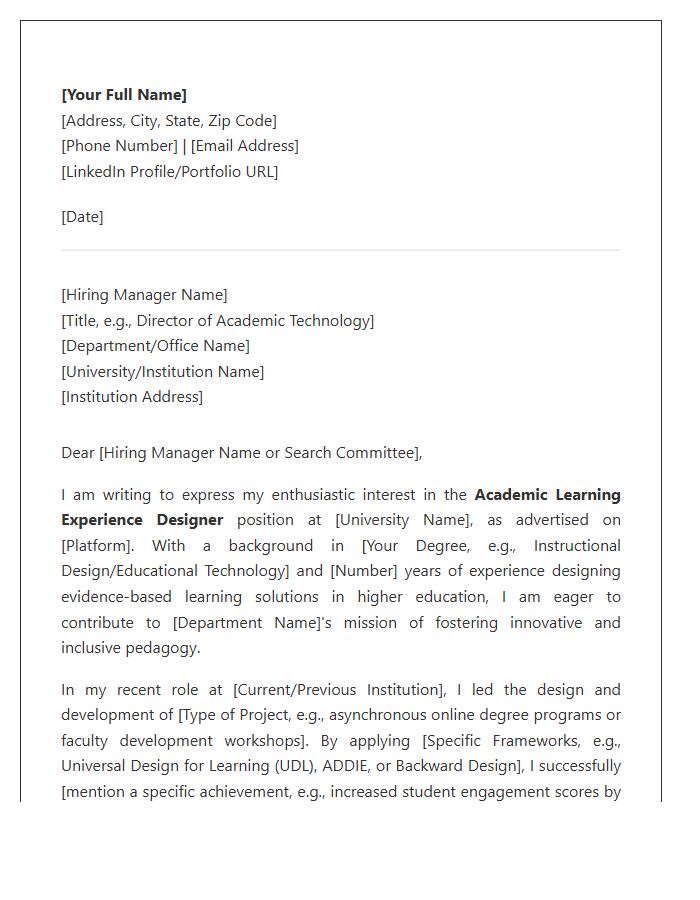 Academic Learning Experience Designer Cover Letter Template