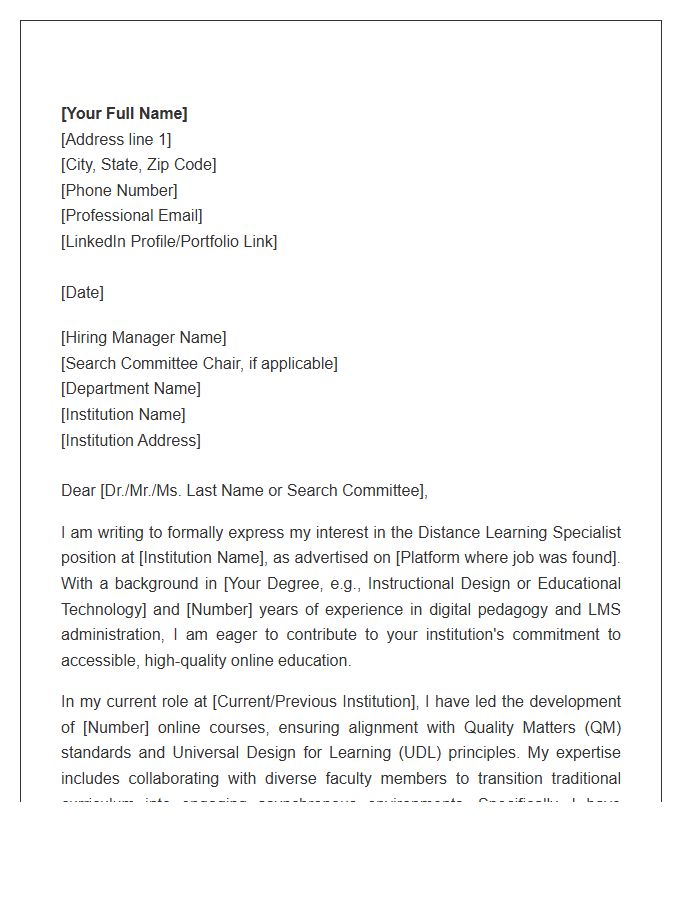 Distance Learning Specialist Academic Cover Letter Template