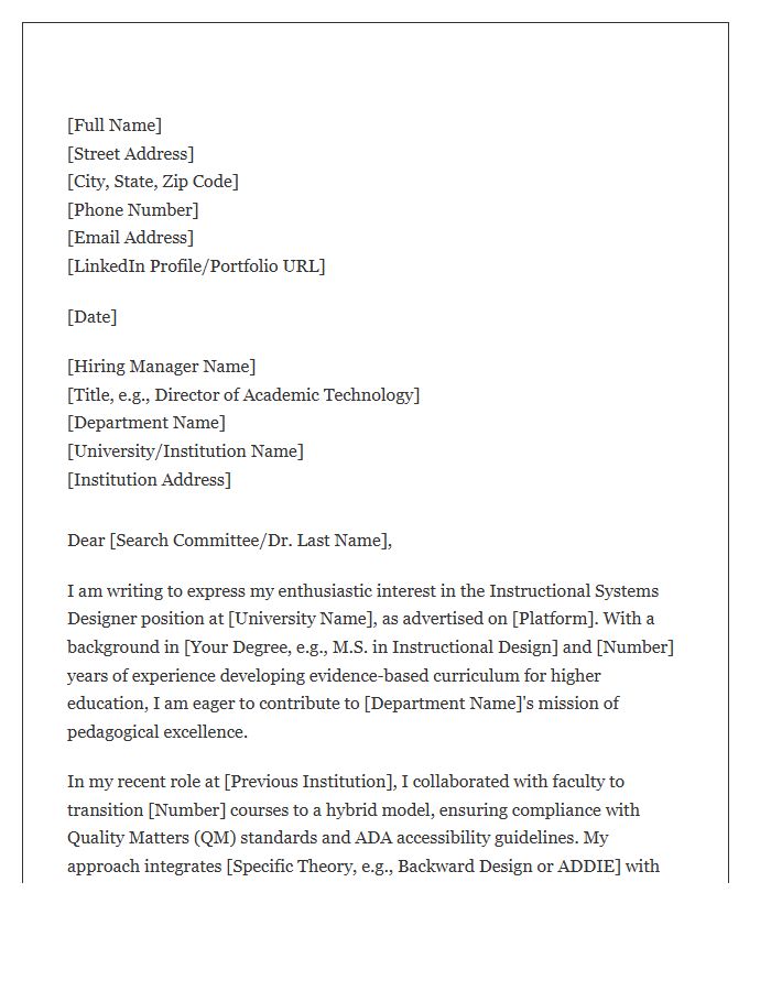 Instructional Systems Designer Academic Cover Letter Template