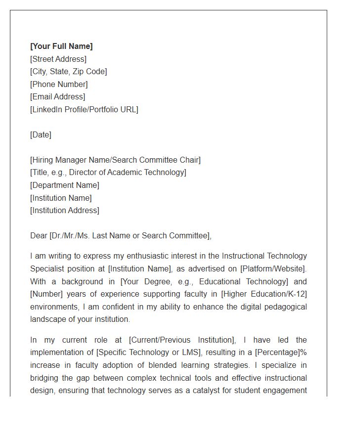Instructional Technology Specialist Academic Cover Letter Template