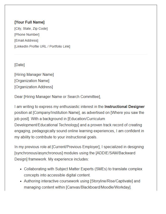 Online Learning Instructional Designer Cover Letter Template