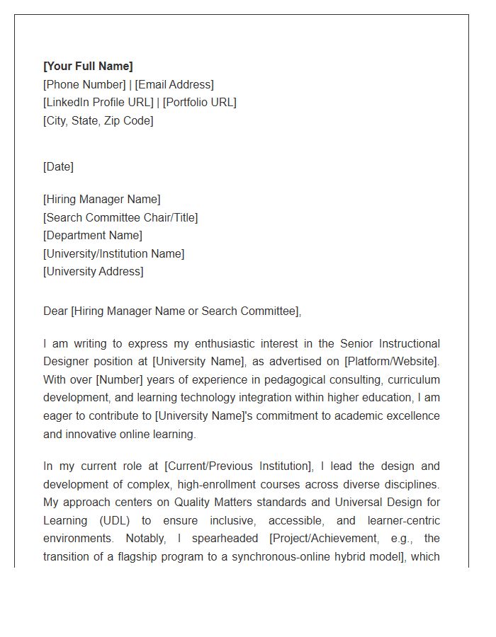 Senior Instructional Designer Higher Education Cover Letter Template