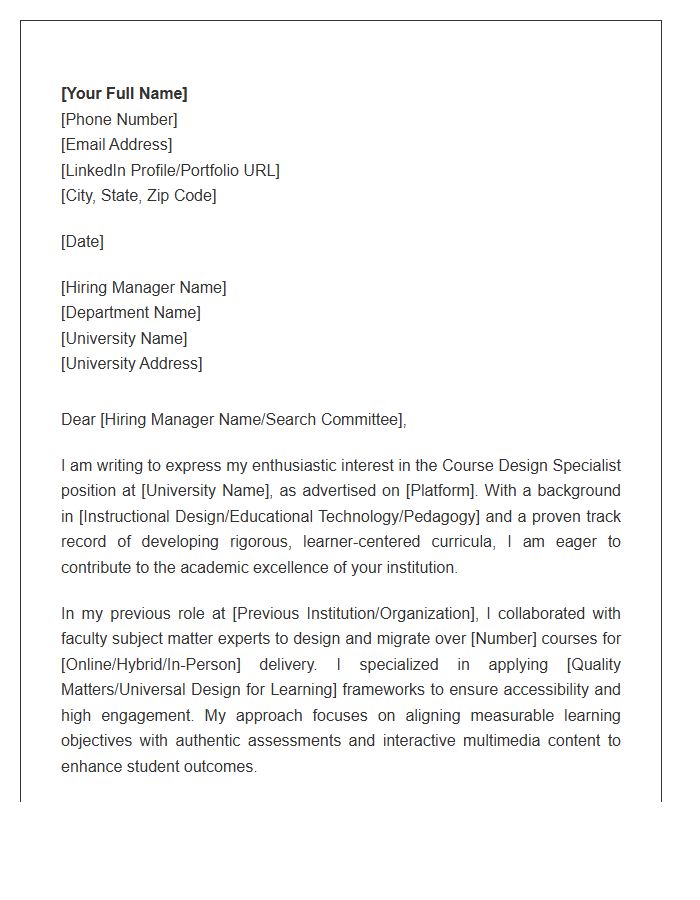 University Course Design Specialist Cover Letter Template