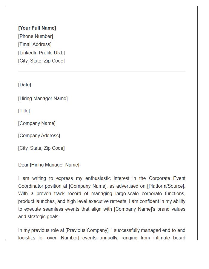 Corporate Event Coordinator Professional Cover Letter Template