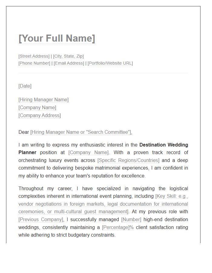 Destination Wedding Planner Professional Cover Letter Template