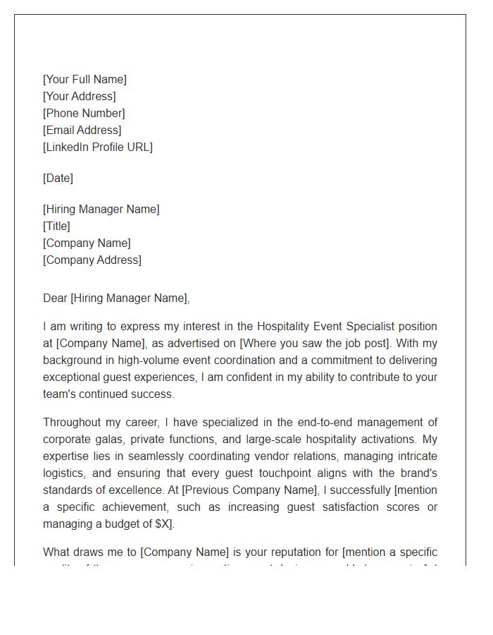 Hospitality Event Specialist Professional Cover Letter Template