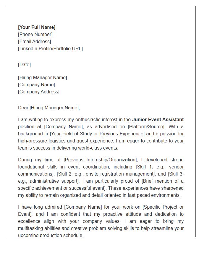 Junior Event Assistant Professional Cover Letter Template