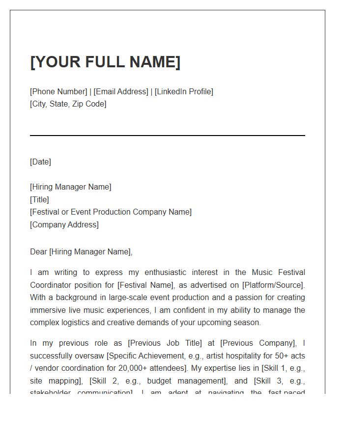 Music Festival Coordinator Professional Cover Letter Template