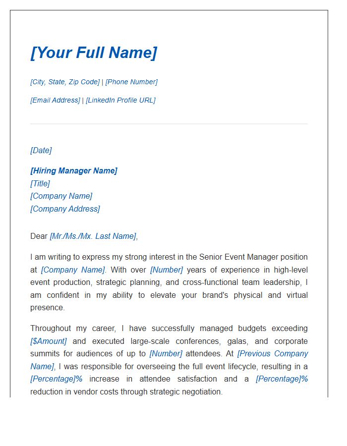 Senior Event Manager Professional Cover Letter Template