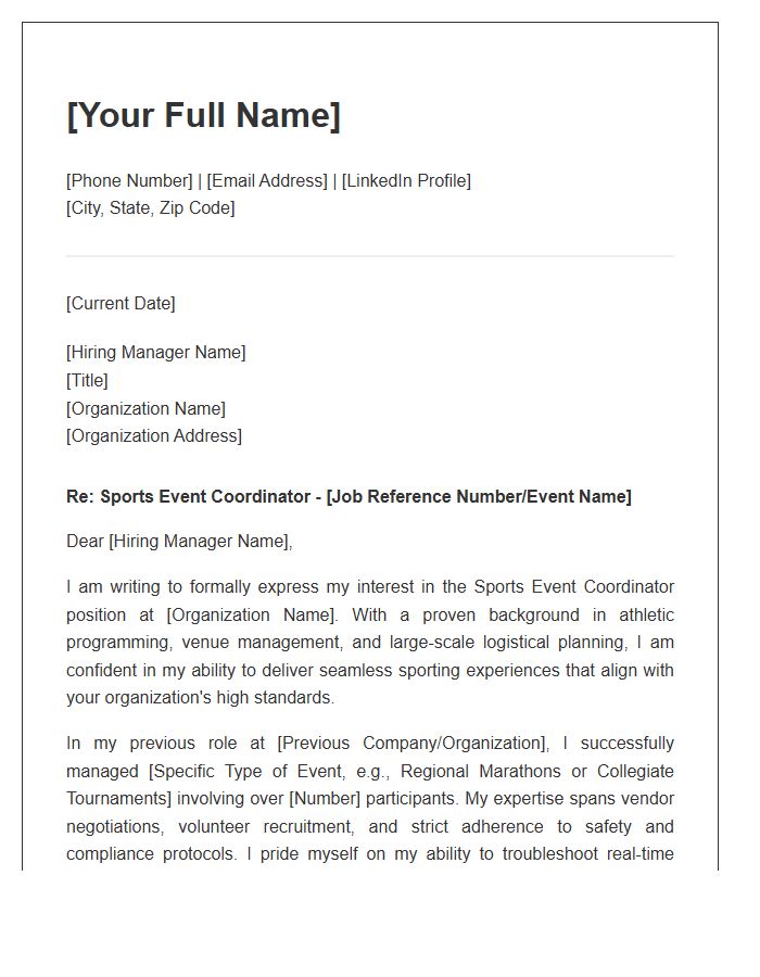 Sports Event Coordinator Professional Cover Letter Template