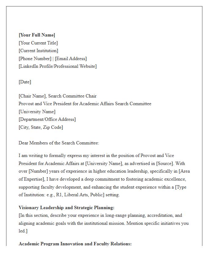 Academic Affairs Provost Application Cover Letter Template