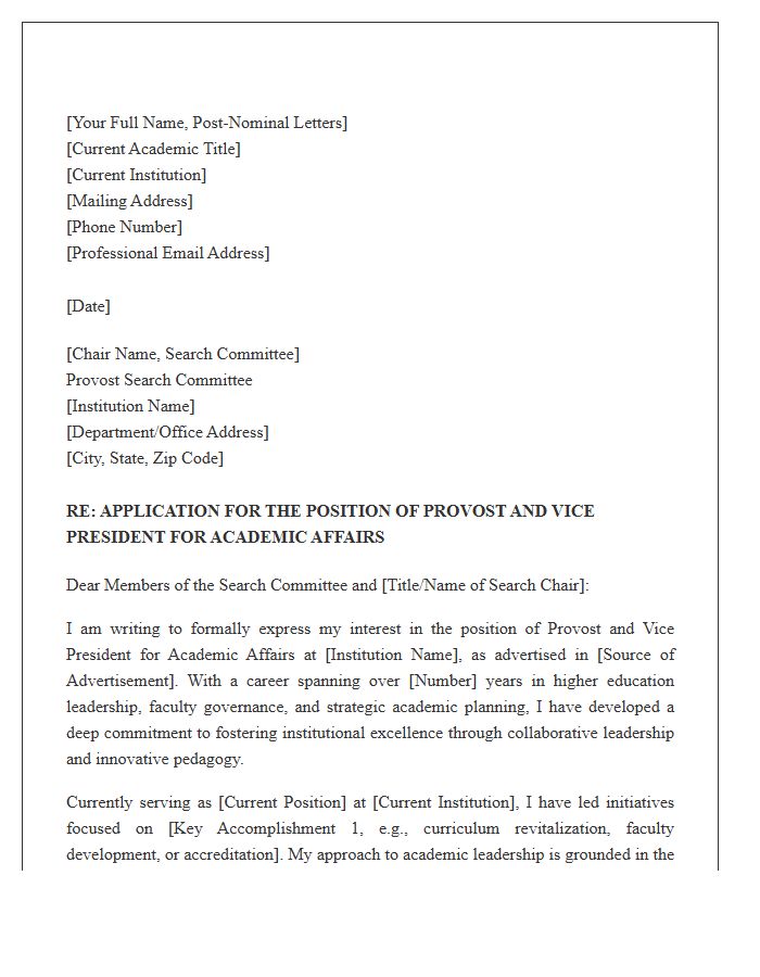 Formal Provost Position Academic Cover Letter Template