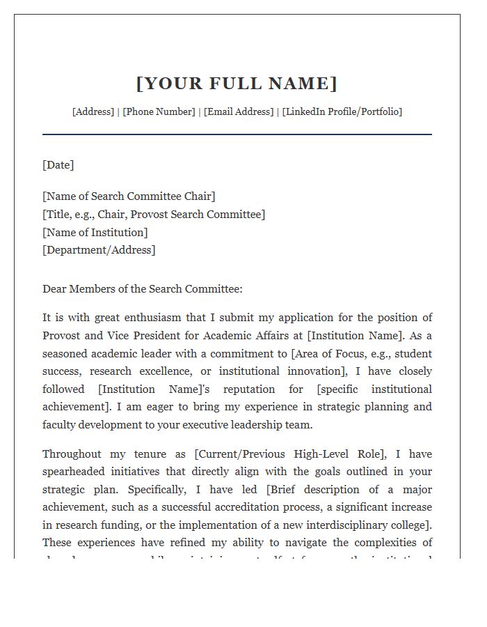 Institutional Leadership Provost Professional Cover Letter Template