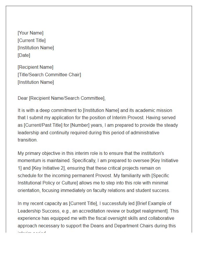 Interim Provost Position Transition Cover Letter Template