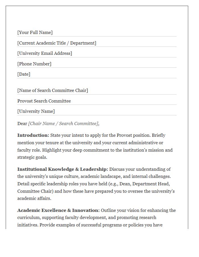 Internal Candidate Provost Position Cover Letter Template