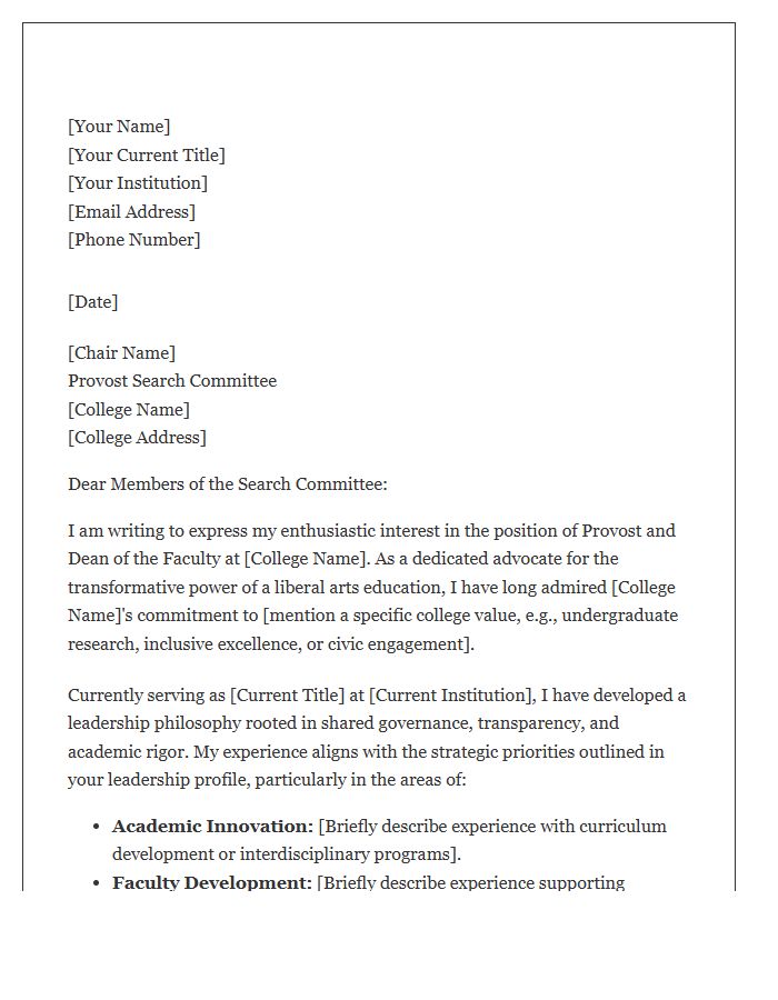 Liberal Arts College Provost Cover Letter Template