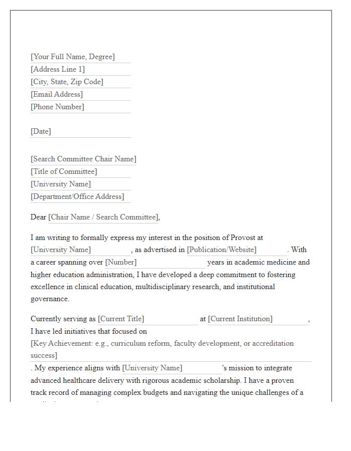 Medical University Provost Application Cover Letter Template