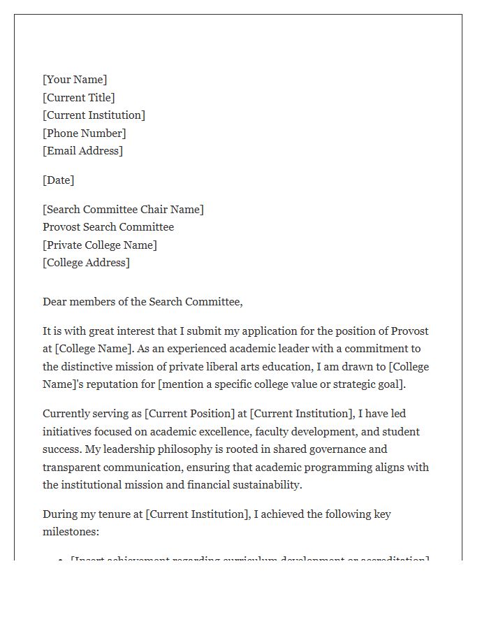 Private College Provost Appointment Cover Letter Template