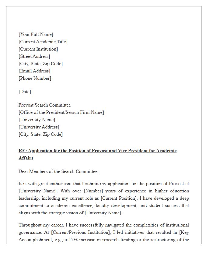 Provost Search Committee Formal Cover Letter Template