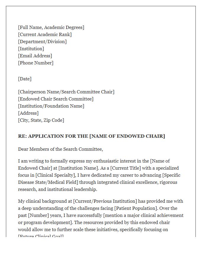 Clinical Endowed Chair Application Cover Letter Template