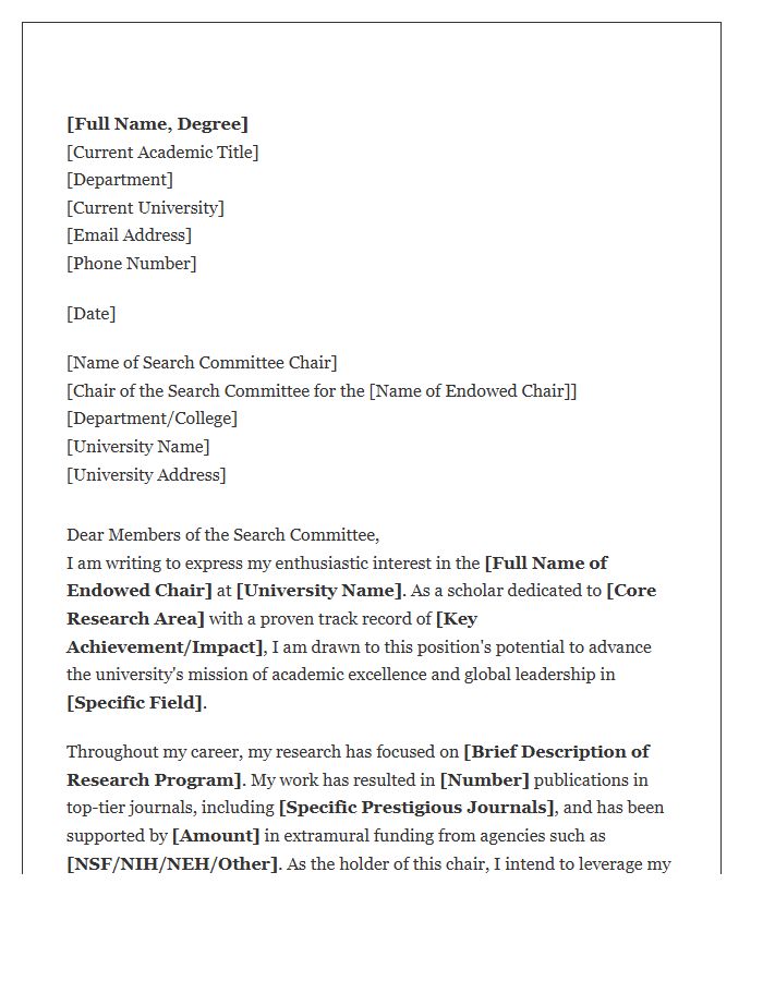 Distinguished Scholar Endowed Chair Cover Letter Template