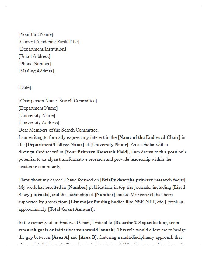 Endowed Chair Professorship Application Cover Letter Template