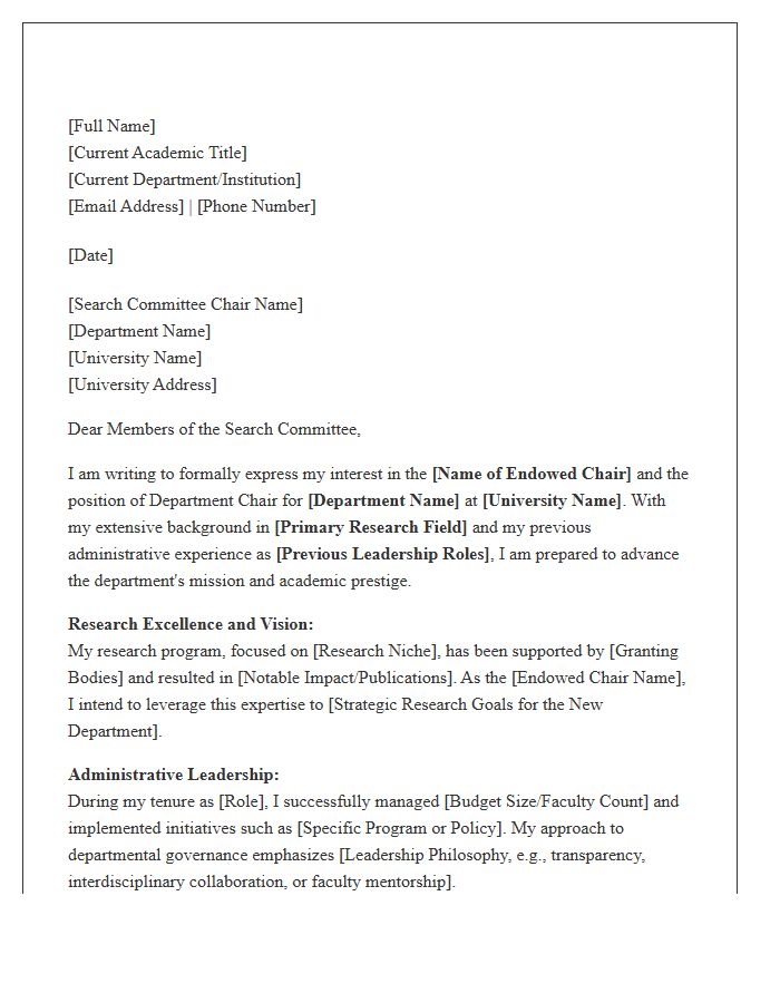 Endowed Department Chair Application Cover Letter Template