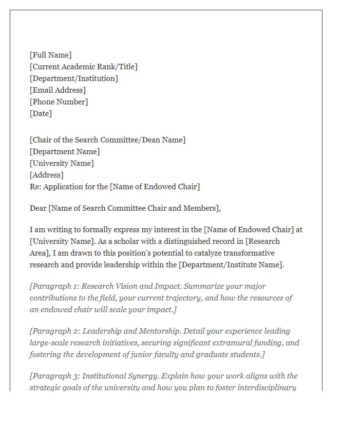 Endowed Research Chair Candidate Cover Letter Template