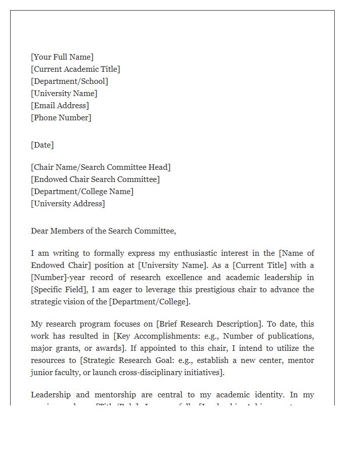 Faculty Leadership Endowed Chair Cover Letter Template