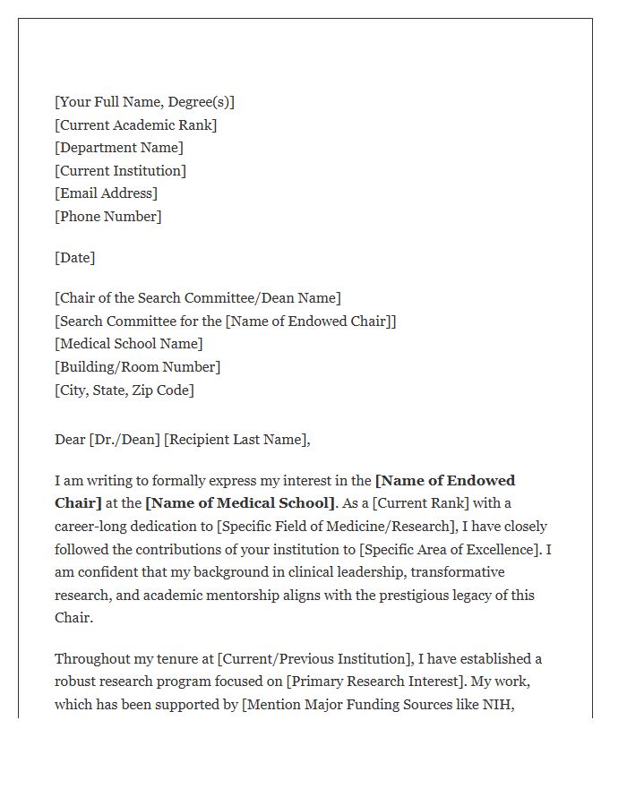Medical School Endowed Chair Cover Letter Template