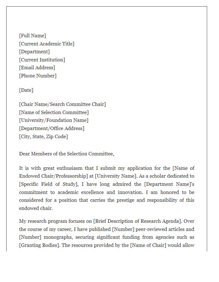 Named Professorship Endowed Chair Cover Letter Template