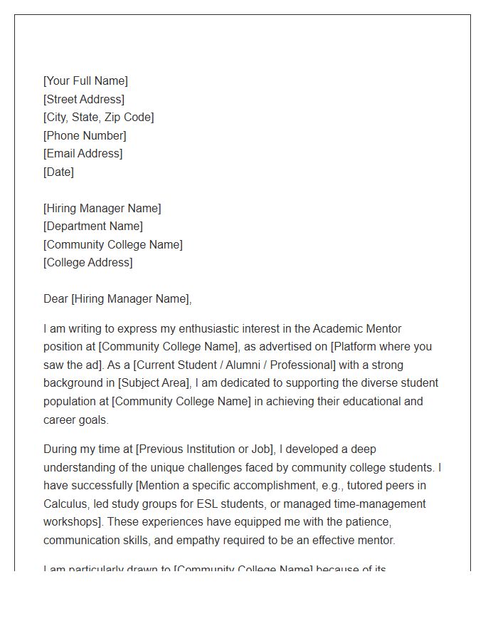 Community College Academic Mentor Application Cover Letter Template
