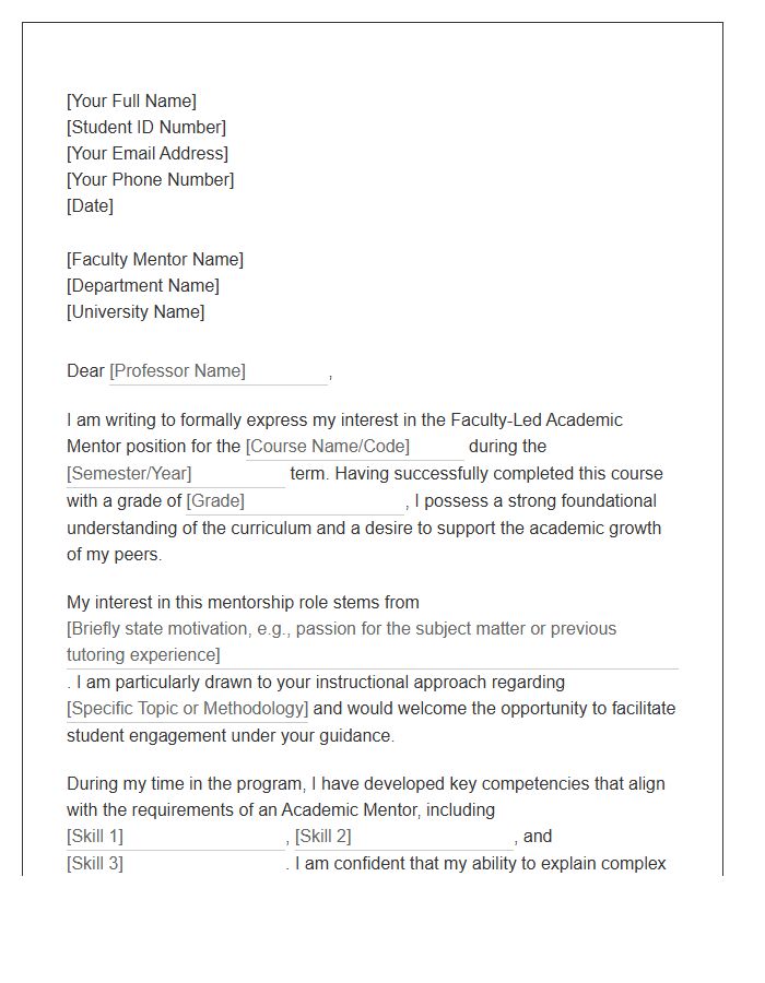 Faculty Led Academic Mentor Application Cover Letter Template