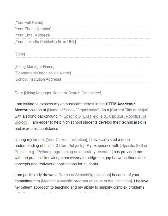 High School STEM Academic Mentor Application Cover Letter Template