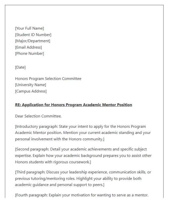 Honors Program Academic Mentor Application Cover Letter Template