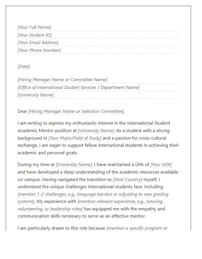 International Student Academic Mentor Application Cover Letter Template