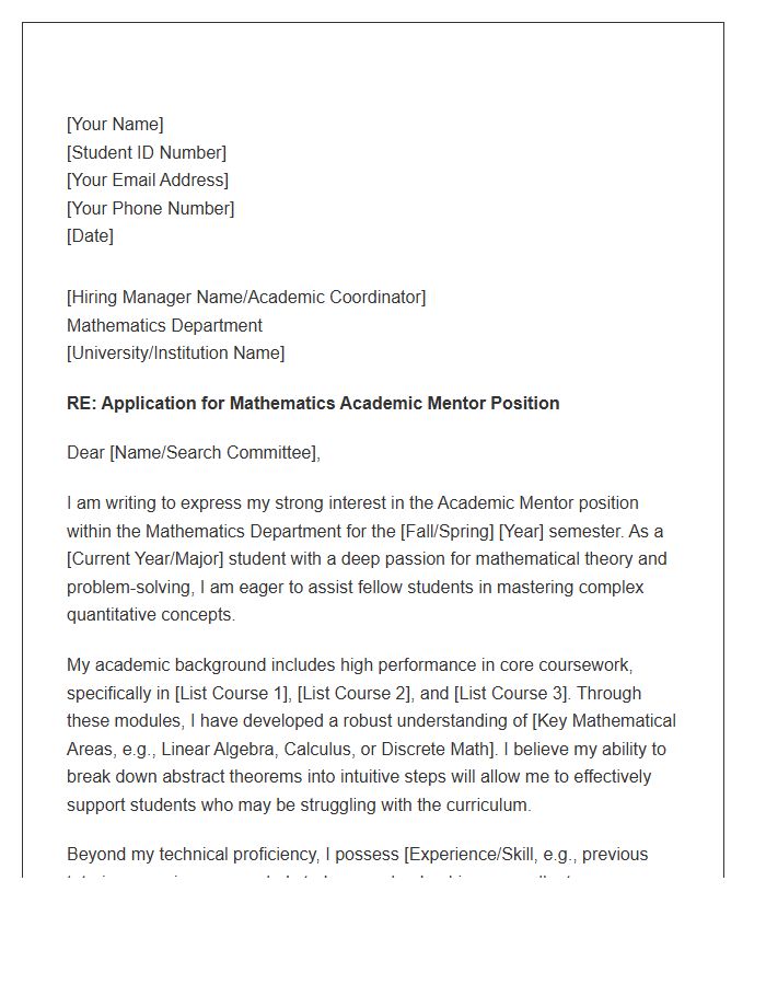 Mathematics Department Academic Mentor Application Cover Letter Template