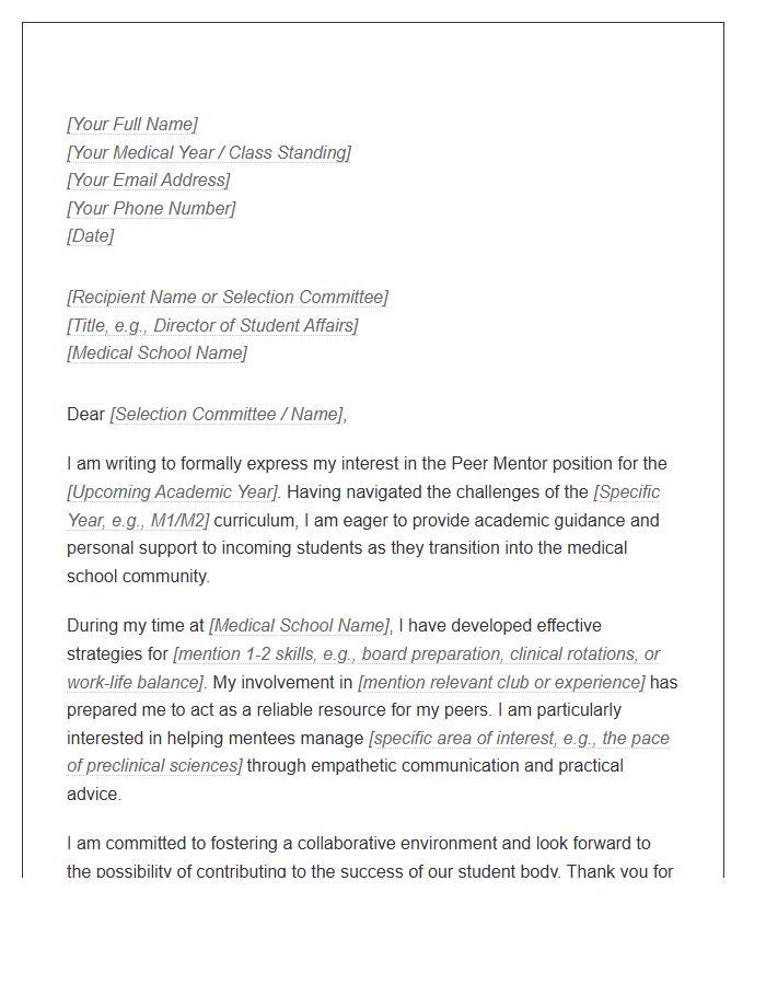 Medical School Peer Mentor Application Cover Letter Template