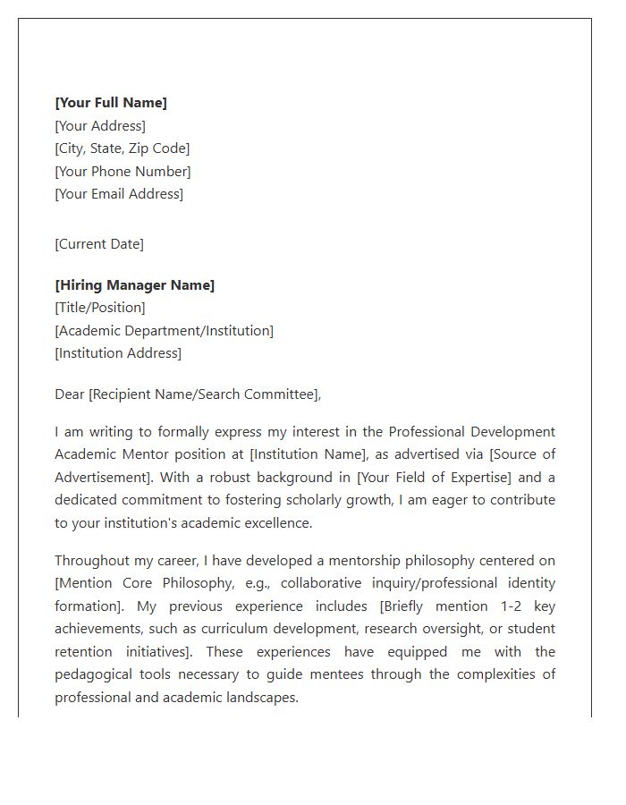 Professional Development Academic Mentor Application Cover Letter Template