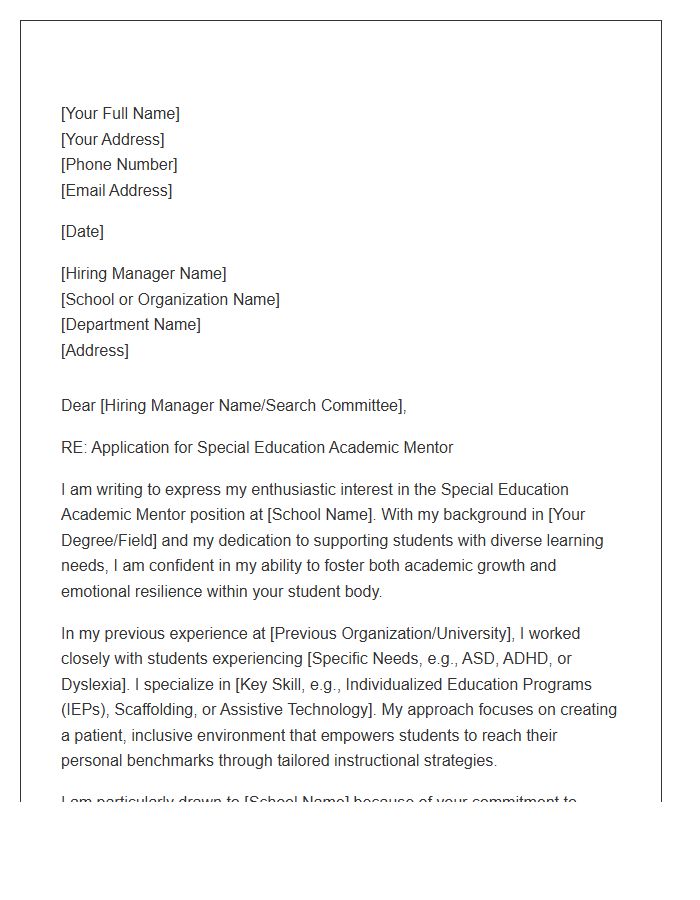 Special Education Academic Mentor Application Cover Letter Template