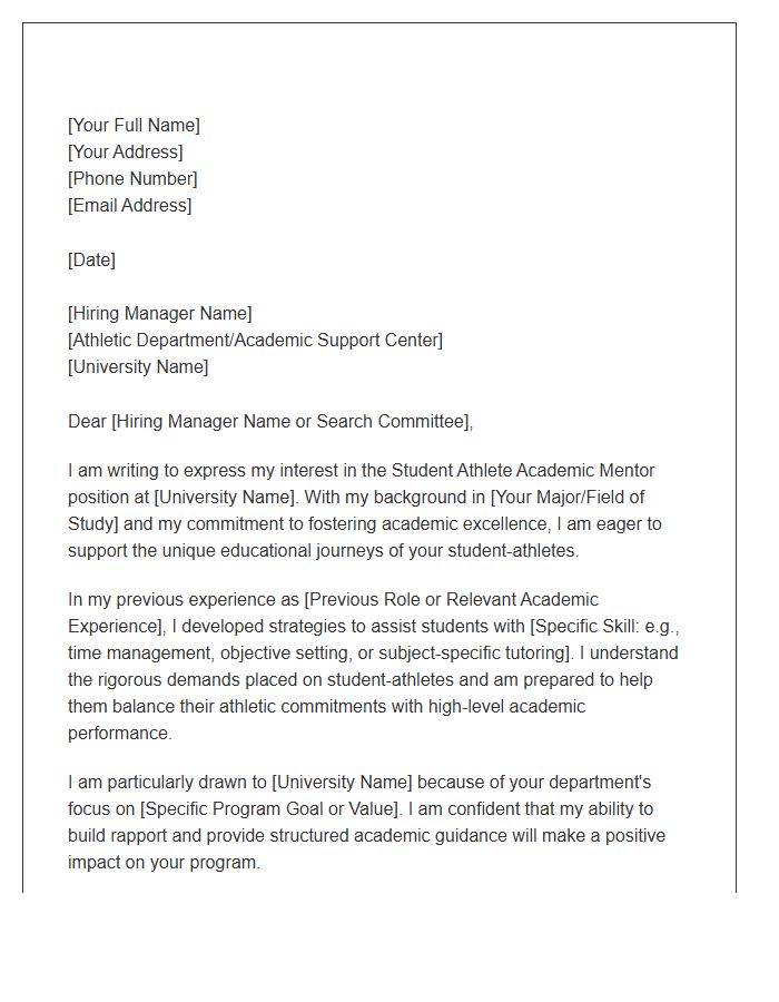 Student Athlete Academic Mentor Application Cover Letter Template