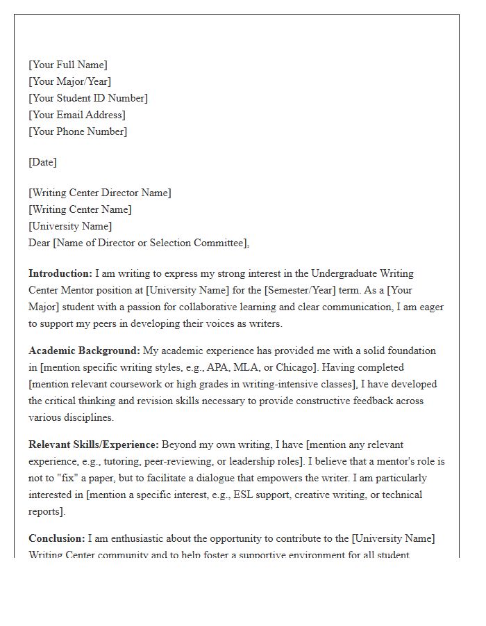 Undergraduate Writing Center Mentor Application Cover Letter Template