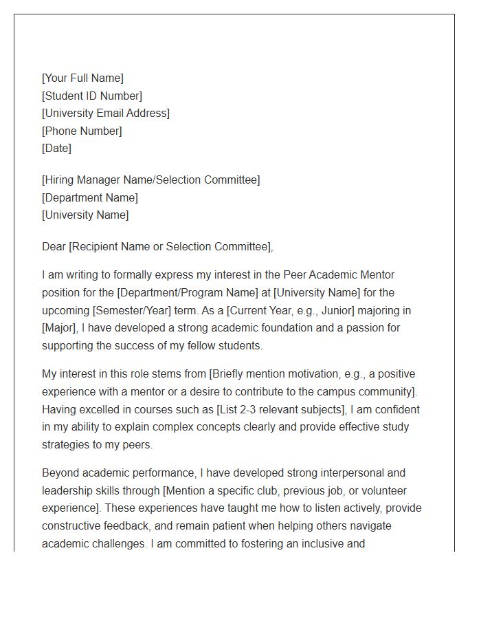 University Peer Academic Mentor Application Cover Letter Template