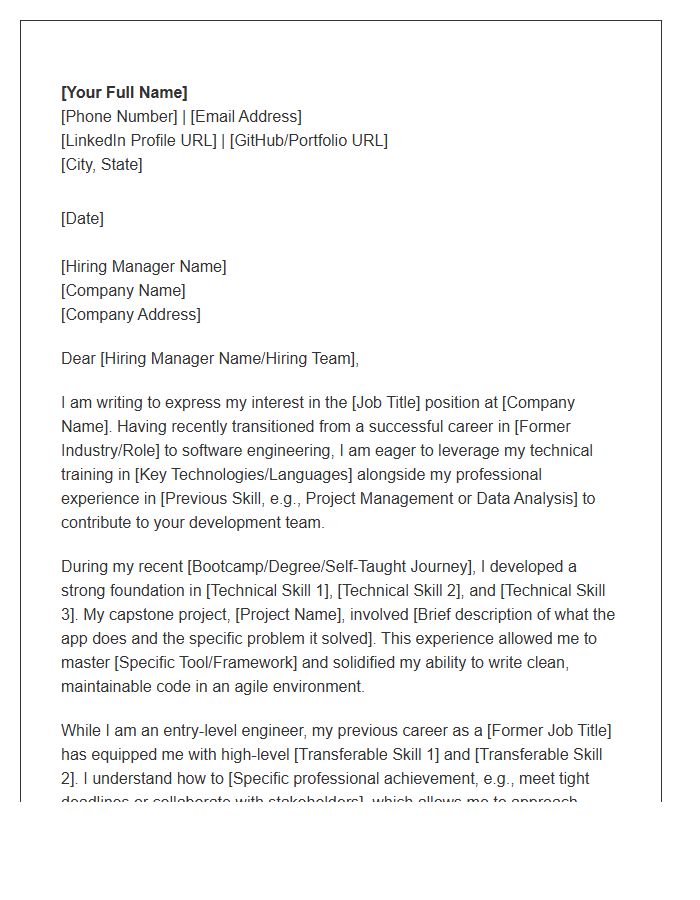 Career Changer Entry Level Software Engineer Cover Letter Template