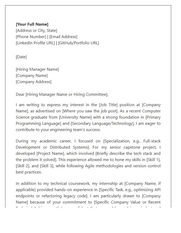 Computer Science Graduate Software Engineer Cover Letter Template